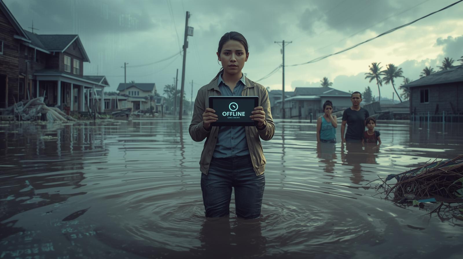 Woman holding tablet showing 'OFFLINE' in flooded town with family in background.